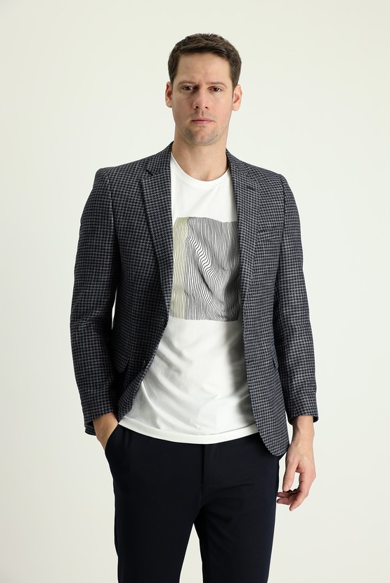 Erkek Giyim - Slim Fit Dar Kesim Desenli Keten Ceket