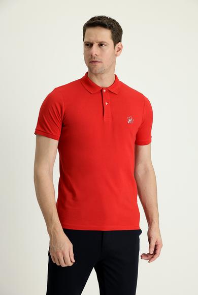 Erkek Giyim - BAYRAK KIRMIZI XL Beden Polo Yaka Slim Fit Baskılı Pamuk Tişört