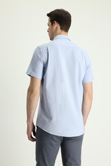 Erkek Giyim - AÇIK MAVİ XL Beden Kısa Kol Regular Fit Pamuklu Keten Gömlek