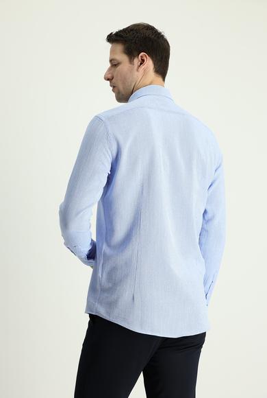 Erkek Giyim - AÇIK MAVİ M Beden Uzun Kol Slim Fit Keten Görünümlü Pamuk Spor Gömlek