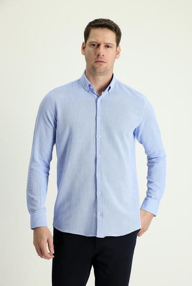 Erkek Giyim - AÇIK MAVİ M Beden Uzun Kol Slim Fit Keten Görünümlü Pamuk Spor Gömlek