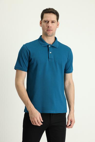 Erkek Giyim - ORTA PETROL M Beden Polo Yaka Regular Fit Nakışlı Pamuk Tişört