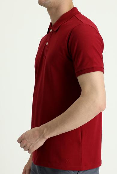 Erkek Giyim - KOYU KIRMIZI 3X Beden Polo Yaka Slim Fit Nakışlı Pamuk Tişört