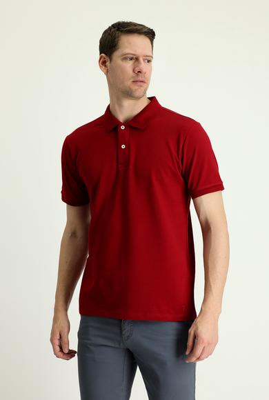 Erkek Giyim - KOYU KIRMIZI 3X Beden Polo Yaka Slim Fit Nakışlı Pamuk Tişört