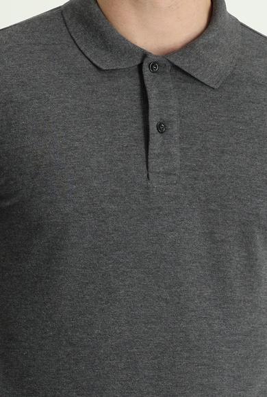Erkek Giyim - KOYU ANTRASİT L Beden Polo Yaka Slim Fit Nakışlı Tişört