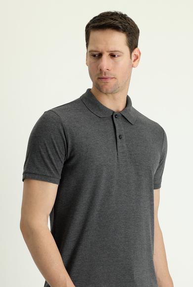 Erkek Giyim - KOYU ANTRASİT L Beden Polo Yaka Slim Fit Nakışlı Tişört