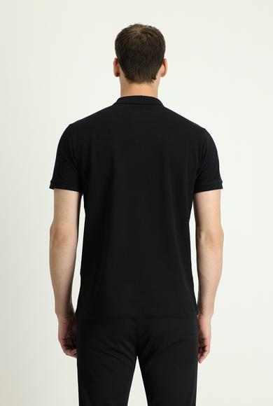 Erkek Giyim - Siyah 3X Beden Polo Yaka Slim Fit Nakışlı Pamuk Tişört