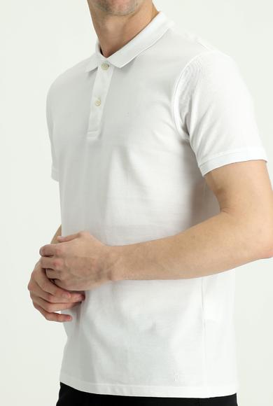 Erkek Giyim - BEYAZ XXL Beden Polo Yaka Slim Fit Nakışlı Pamuk Tişört