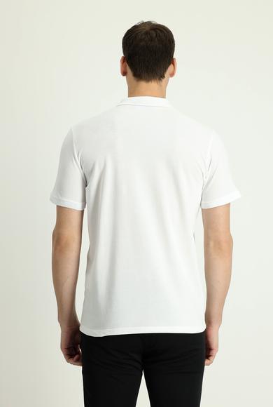 Erkek Giyim - Beyaz 3X Beden Polo Yaka Slim Fit Nakışlı Pamuk Tişört