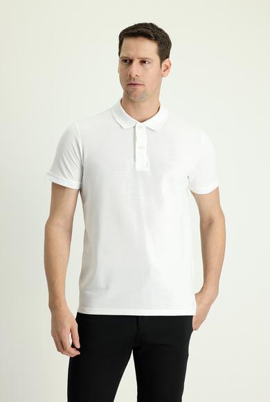 Erkek Giyim - Beyaz 3X Beden Polo Yaka Slim Fit Nakışlı Pamuk Tişört