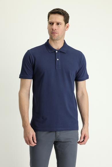 Erkek Giyim - ORTA LACİVERT 3X Beden Polo Yaka Slim Fit Nakışlı Pamuk Tişört