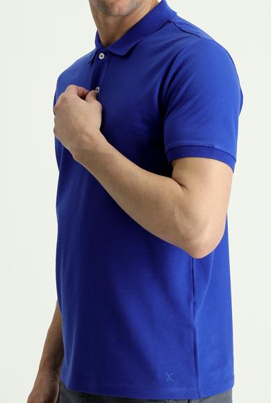Erkek Giyim - KOYU İNDİGO XXL Beden Polo Yaka Slim Fit Dar Kesim Nakışlı Pamuk Tişört