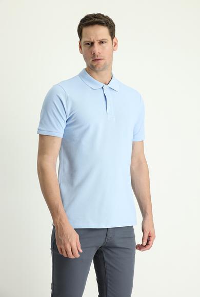 Erkek Giyim - AÇIK MAVİ 3X Beden Polo Yaka Regular Fit Nakışlı Pamuk Tişört