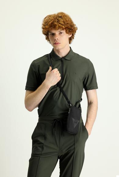 Erkek Giyim - ORTA HAKİ M Beden Techno-Line Polo Yaka Slim Fit Fermuarlı Tişört