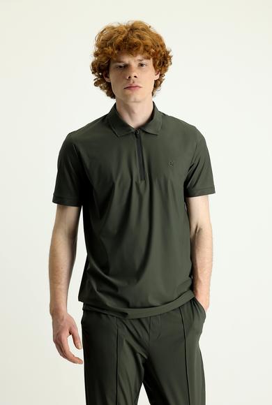 Erkek Giyim - ORTA HAKİ M Beden Techno-Line Polo Yaka Slim Fit Fermuarlı Tişört