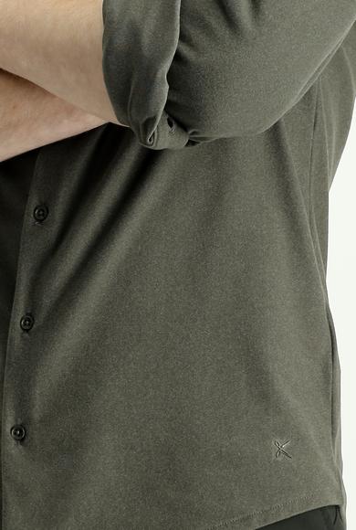 Erkek Giyim - YAG YESILI-OLIVE L Beden Techno-Line Uzun Kol Slim Fit Spor Örme Gömlek
