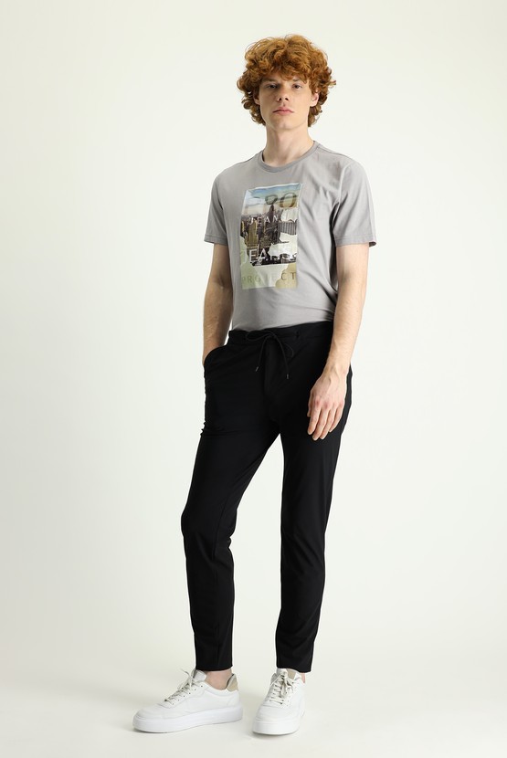 Erkek Giyim - Techno-Line Slim Fit Dar Kesim Beli Lastikli İpli Likralı Klasik Kumaş Pantolon