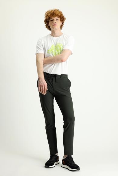 Erkek Giyim - ASKER HAKİ 46 Beden Techno-Line Slim Fit Beli Lastikli İpli Likralı Klasik Pantolon