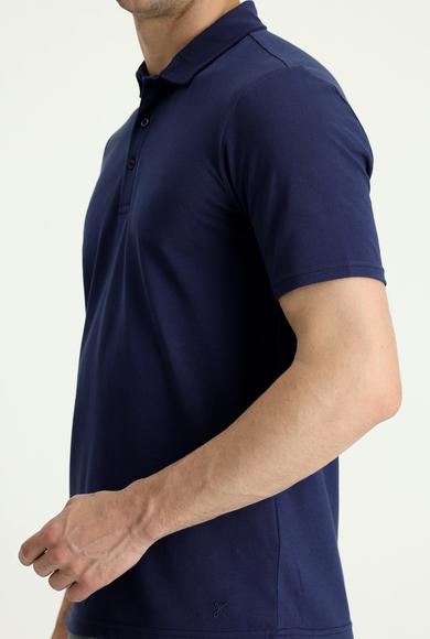 Erkek Giyim - ORTA LACİVERT 3X Beden Polo Yaka Regular Fit Nakışlı Pamuklu Tişört