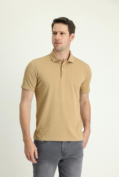 Erkek Giyim - ORTA BEJ XXL Beden Polo Yaka Regular Fit Nakışlı Pamuklu Tişört