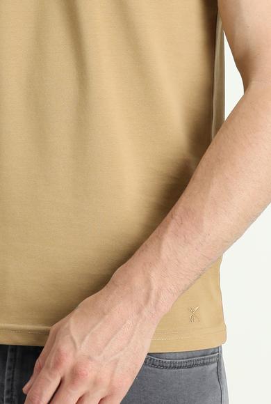 Erkek Giyim - ORTA BEJ XXL Beden Polo Yaka Regular Fit Nakışlı Pamuklu Tişört
