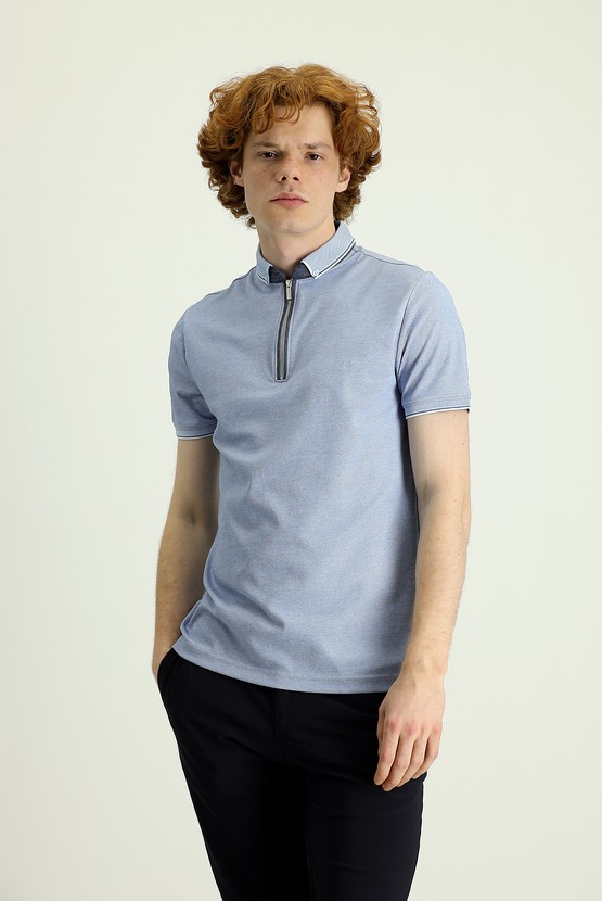 Erkek Giyim - Polo Yaka Slim Fit Fermuarlı Nakışlı Tişört