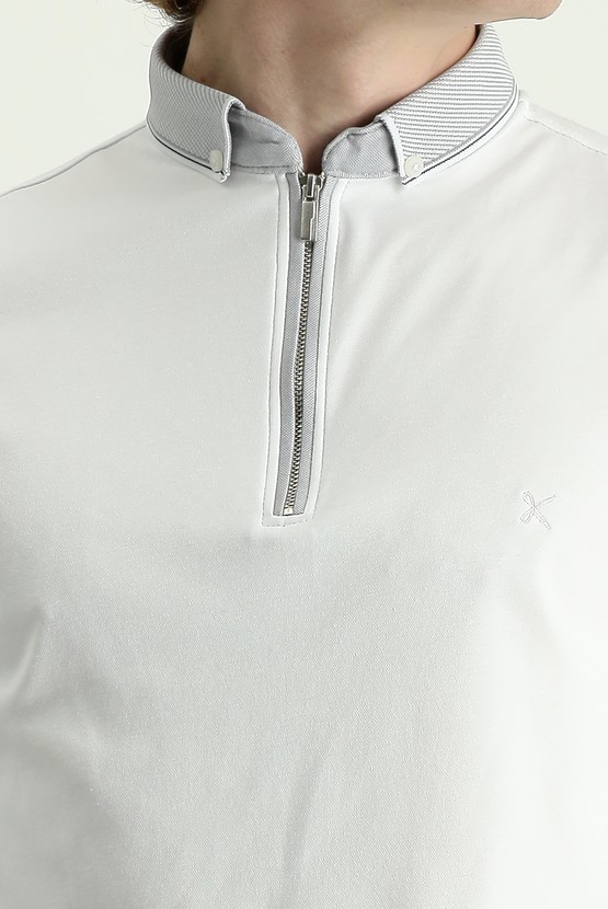 Erkek Giyim - Polo Yaka Slim Fit Fermuarlı Nakışlı Pamuklu Tişört