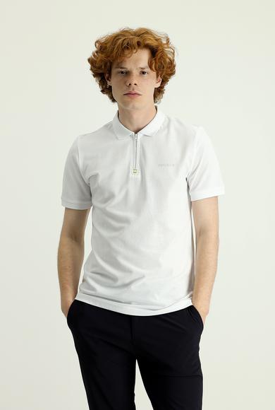 Erkek Giyim - Beyaz 3X Beden Polo Yaka Slim Fit Fermuarlı Baskılı Pamuk Tişört