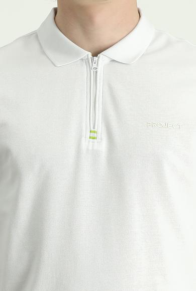 Erkek Giyim - Beyaz 3X Beden Polo Yaka Slim Fit Fermuarlı Baskılı Pamuk Tişört