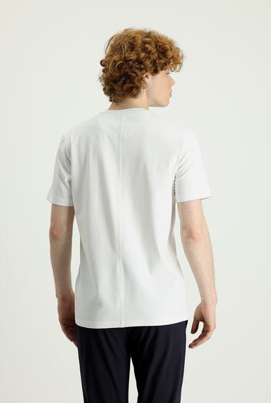 Erkek Giyim - Beyaz 3X Beden Bisiklet Yaka Slim Fit Baskılı Pamuklu Tişört