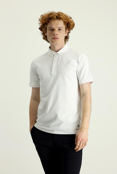Erkek Giyim - KIRIK BEYAZ L Beden Polo Yaka Slim Fit Baskılı Pamuklu Tişört