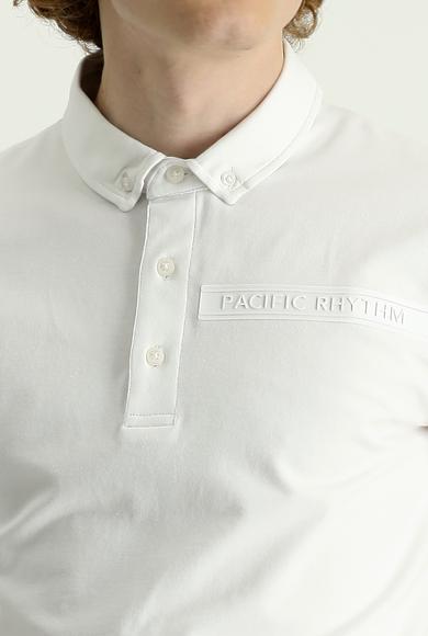 Erkek Giyim - KIRIK BEYAZ L Beden Polo Yaka Slim Fit Baskılı Pamuklu Tişört