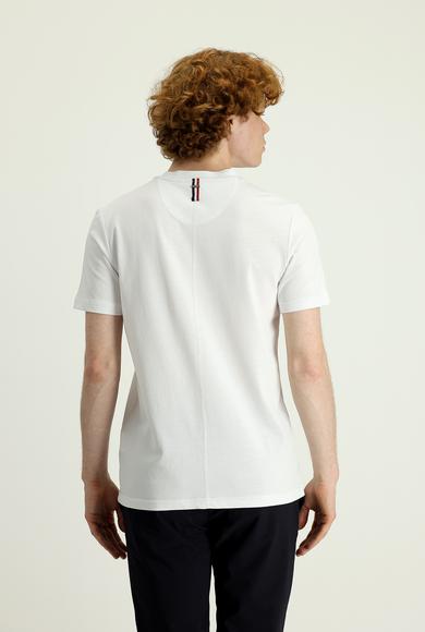 Erkek Giyim - Beyaz 3X Beden Bisiklet Yaka Slim Fit Baskılı Pamuklu Tişört