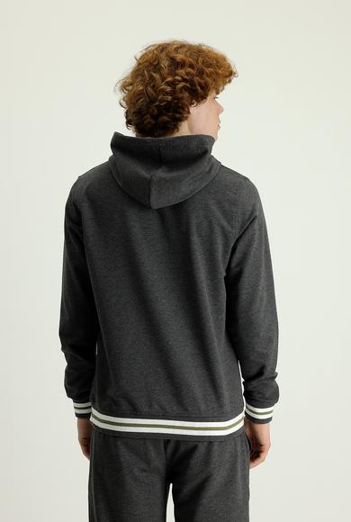 Erkek Giyim - ORTA GRİ L Beden Kapüşonlu Slim Fit Baskılı Pamuklu Sweatshirt