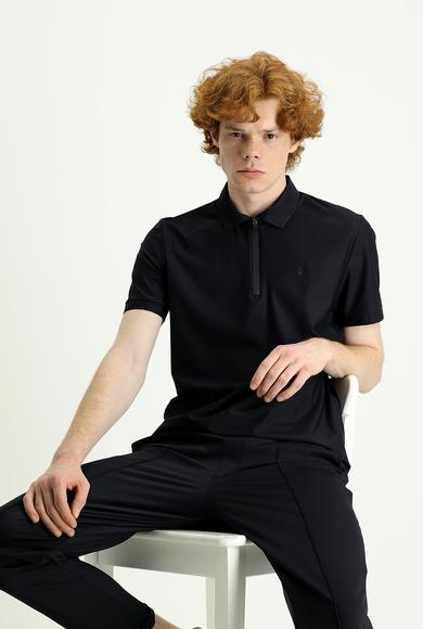 Erkek Giyim - SİYAH XXL Beden Techno-Line Polo Yaka Slim Fit Fermuarlı Tişört