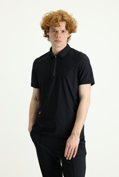 Erkek Giyim - SİYAH XXL Beden Techno-Line Polo Yaka Slim Fit Fermuarlı Tişört