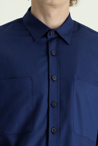 Erkek Giyim - KOYU LACİVERT M Beden Uzun Kol Cepli Oversize Pamuk Gömlek