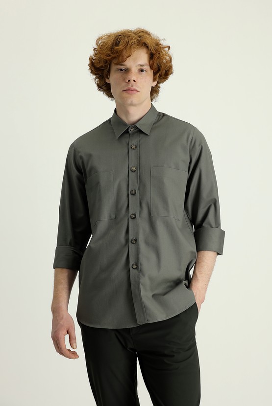 Erkek Giyim - Uzun Kol Cepli Oversize Pamuk Gömlek