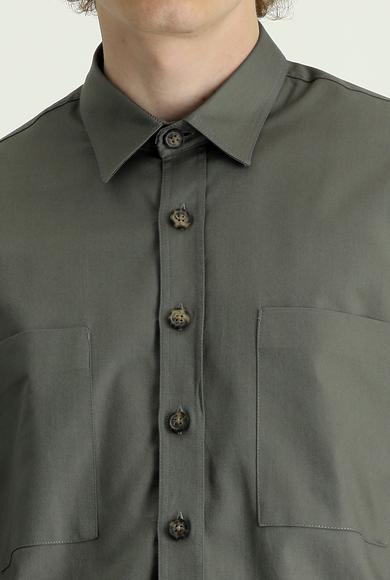 Erkek Giyim - AÇIK HAKİ M Beden Uzun Kol Cepli Oversize Pamuk Gömlek