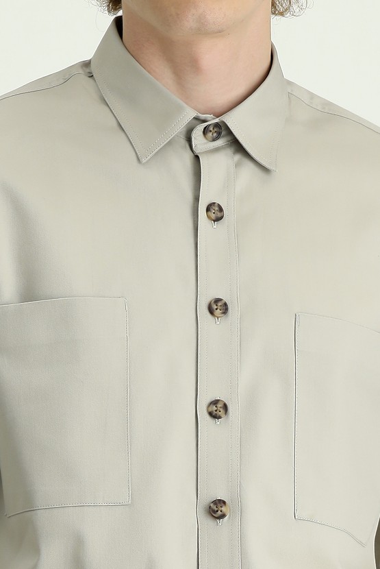 Erkek Giyim - Uzun Kol Cepli Oversize Pamuk Gömlek