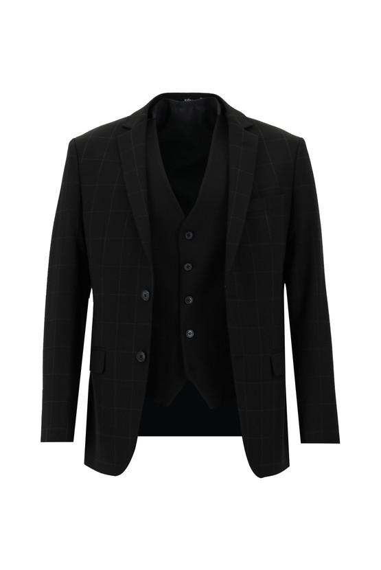 Erkek Giyim - Süper Slim Fit Klasik Kareli Yelekli Takım Elbise