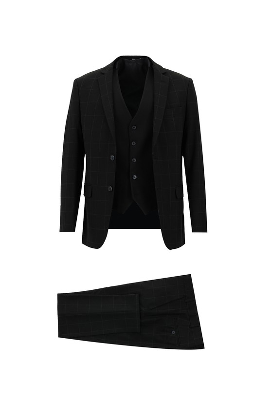 Erkek Giyim - Süper Slim Fit Klasik Kareli Yelekli Takım Elbise