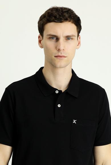 Erkek Giyim - SİYAH XXL Beden Polo Yaka Regular Fit Nakışlı Pamuk Tişört