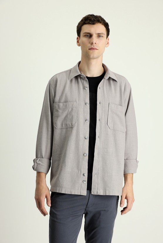 Erkek Giyim - Uzun Kol Regular Fit Cepli Pamuk Spor Gömlek