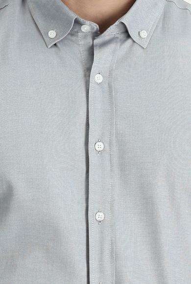 Erkek Giyim - ORTA GRİ XL Beden Uzun Kol Slim Fit Oxford Pamuk Gömlek