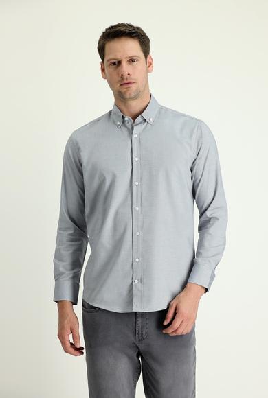 Erkek Giyim - ORTA GRİ XL Beden Uzun Kol Slim Fit Oxford Pamuk Gömlek