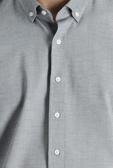 Erkek Giyim - ORTA LACİVERT S Beden Uzun Kol Slim Fit Oxford Pamuk Gömlek