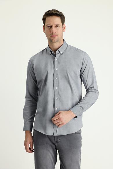 Erkek Giyim - ORTA LACİVERT S Beden Uzun Kol Slim Fit Oxford Pamuk Gömlek