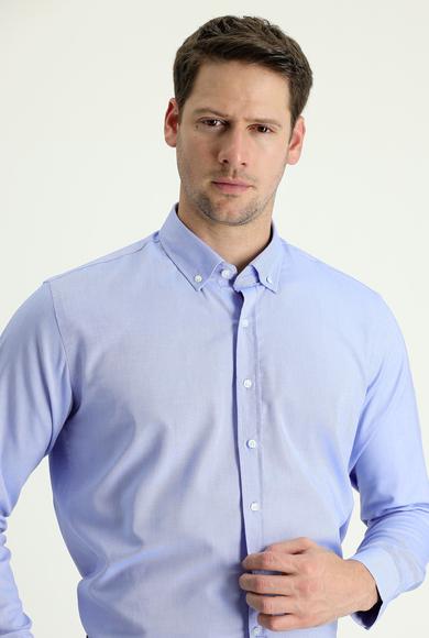 Erkek Giyim - MAVİ M Beden Uzun Kol Slim Fit Oxford Pamuk Gömlek