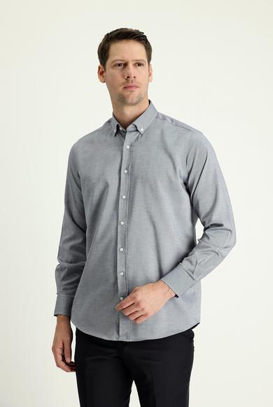 Erkek Giyim - ORTA LACİVERT 3X Beden Uzun Kol Regular Fit Oxford Pamuk Gömlek